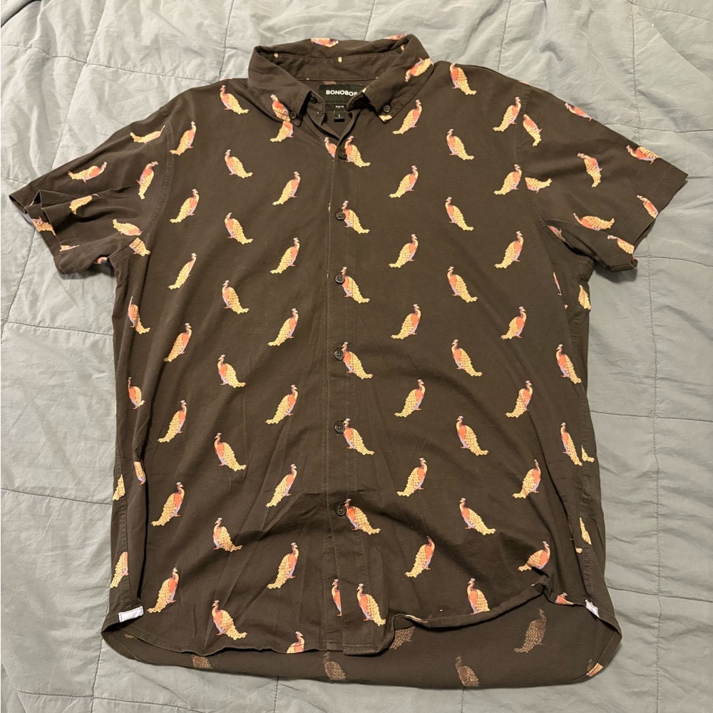 Bonobos Black Shirt with Colorful Peacock Print